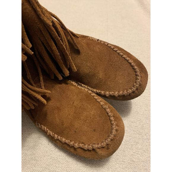 Minnetonka Fringe Leather Mid Calf Brown Flat Boot Women's Size 7.5 - Picture 4 of 12